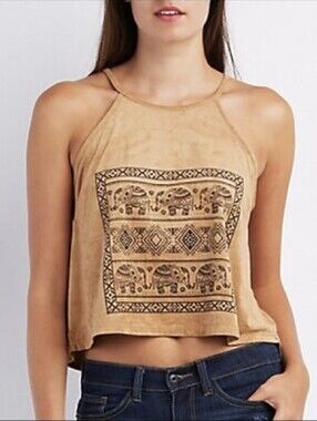 Charlotte Russe Boho Elephant Print Faux Suede Crop Top in Camel